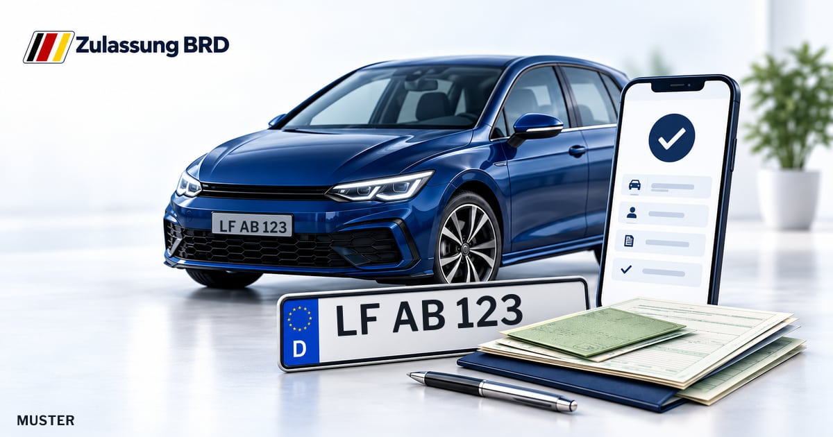 Online Fahrzeugzulassung in Landkreis Traunstein: Musterkennzeichen LF AB 123, Auto und Fahrzeugpapiere und Smartphone. Illustration mit Logo von Zulassung BRD.